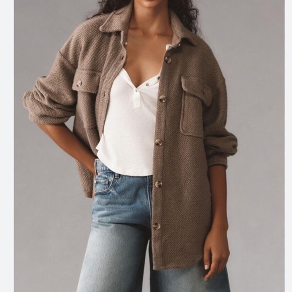 Anthropologie Jackets & Blazers - Anthropologie Knit Shacket Soft Brown Oversized Long Sleeve Button Down Size XS